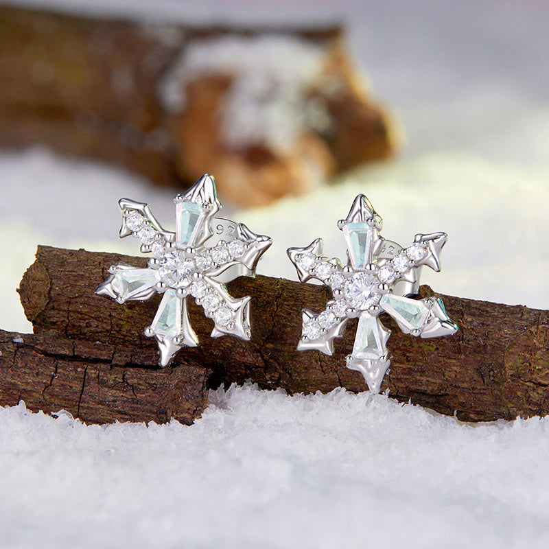 Sterling Silver Snowflake Stud Earrings with Synthetic Zirconia for Women