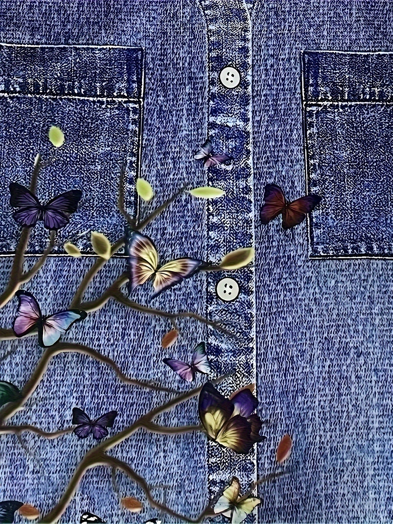 Plus Size Women's Cotton Sleep Dress with Butterfly Tree and Denim Print