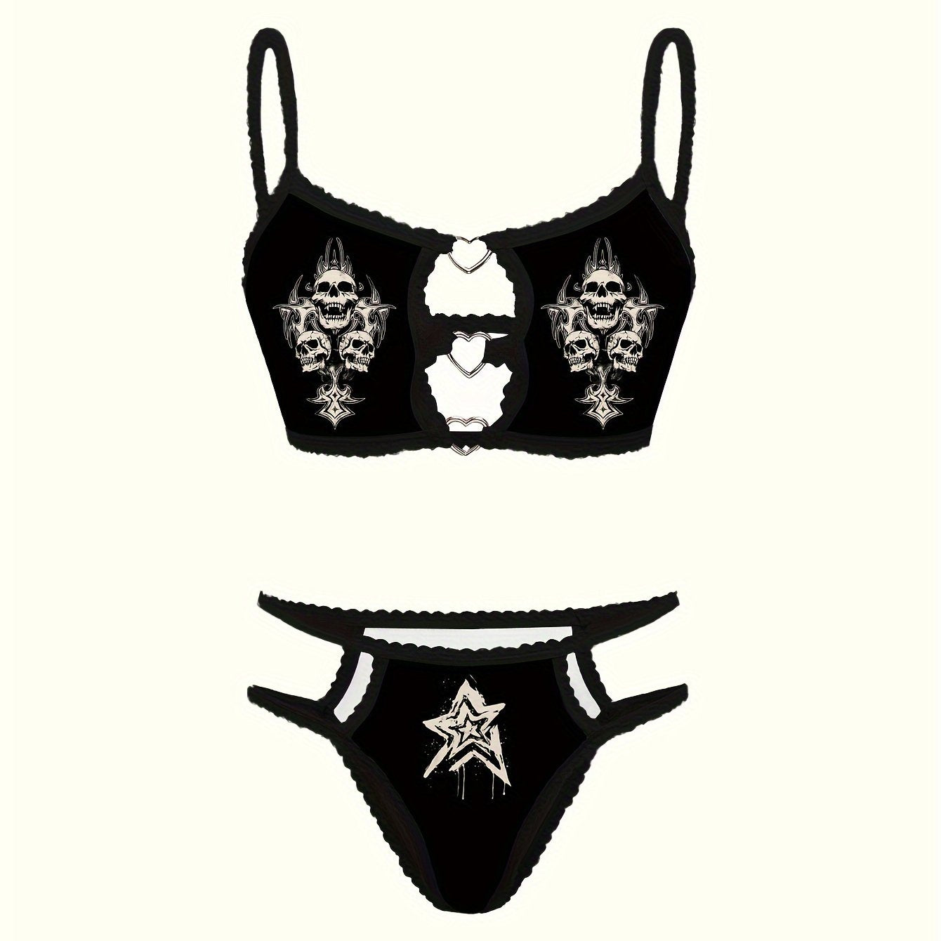Skull Star Print Lace Trim Lingerie Set with Bra and Thong