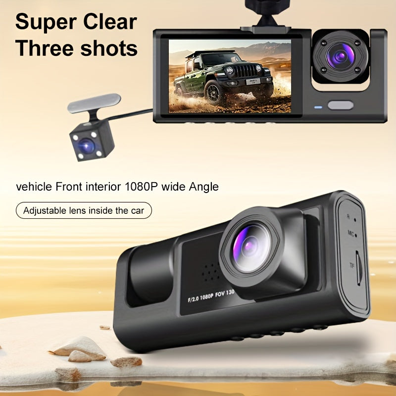 Автомобиллар учун 1080P Uch O'qli Dash Cam Infraqizil Night Vision Loop Recording Keng Burchakli Ko'rsatkich