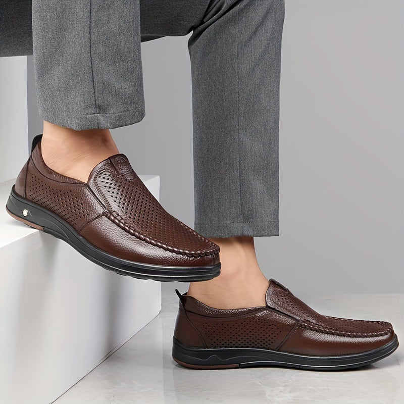 Men's Leather Casual Loafers with Hollow Out Design Slip-On Breathable Wear-Resistant for Outdoor and Office