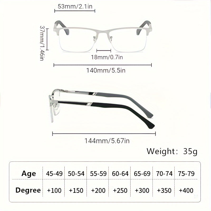 Erkaklar uchun yarim ramkali metall o'qish ko'zoynaklari, uzoq ko'rish uchun, charchoqga qarshi +1.0 dan +4.0 gacha