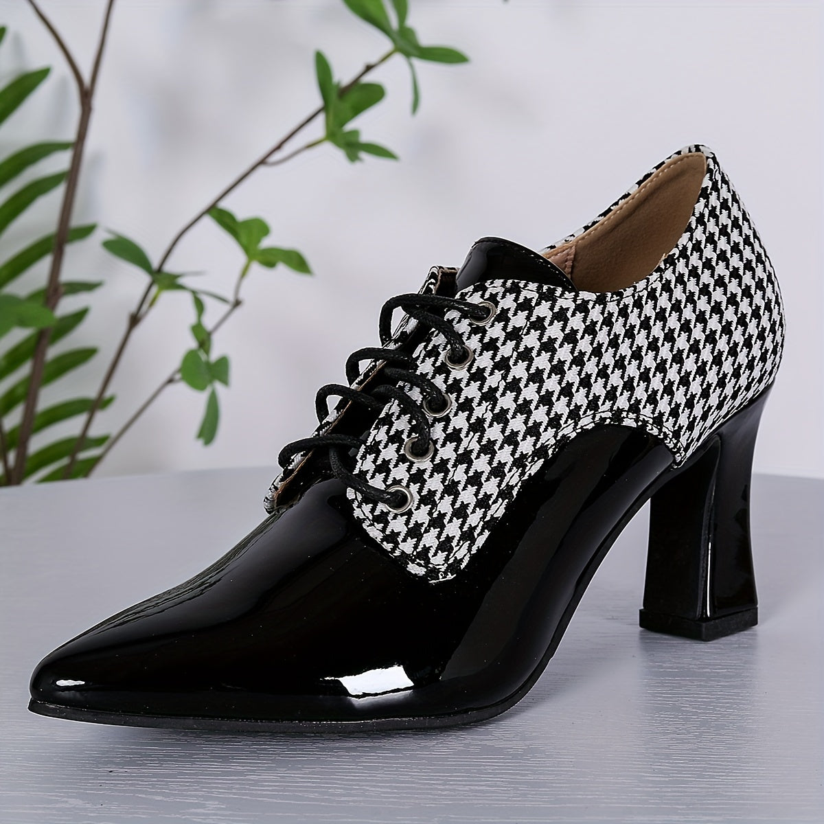 Women Houndstooth Fashion High Heels Casual Shoes Pointed Toe Comfortable