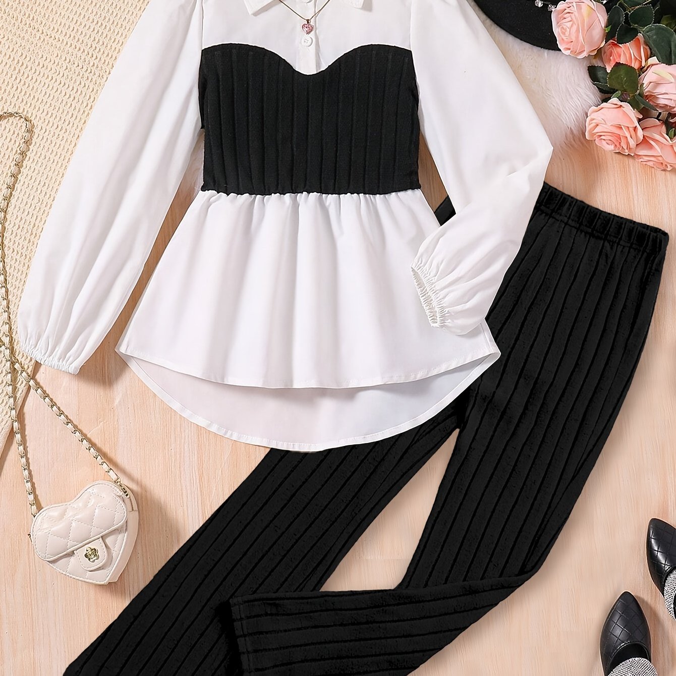 Girls' Casual Set Long Sleeve Top and Pants Black White Color Block Polyester Spring Fall
