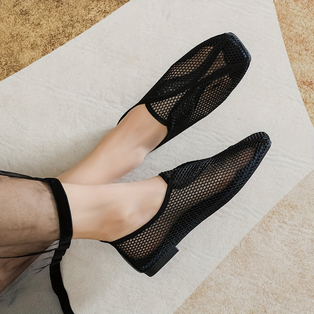 Women's Mesh Mary Jane Flats Slip-On Comfort Shoes with Square Toe