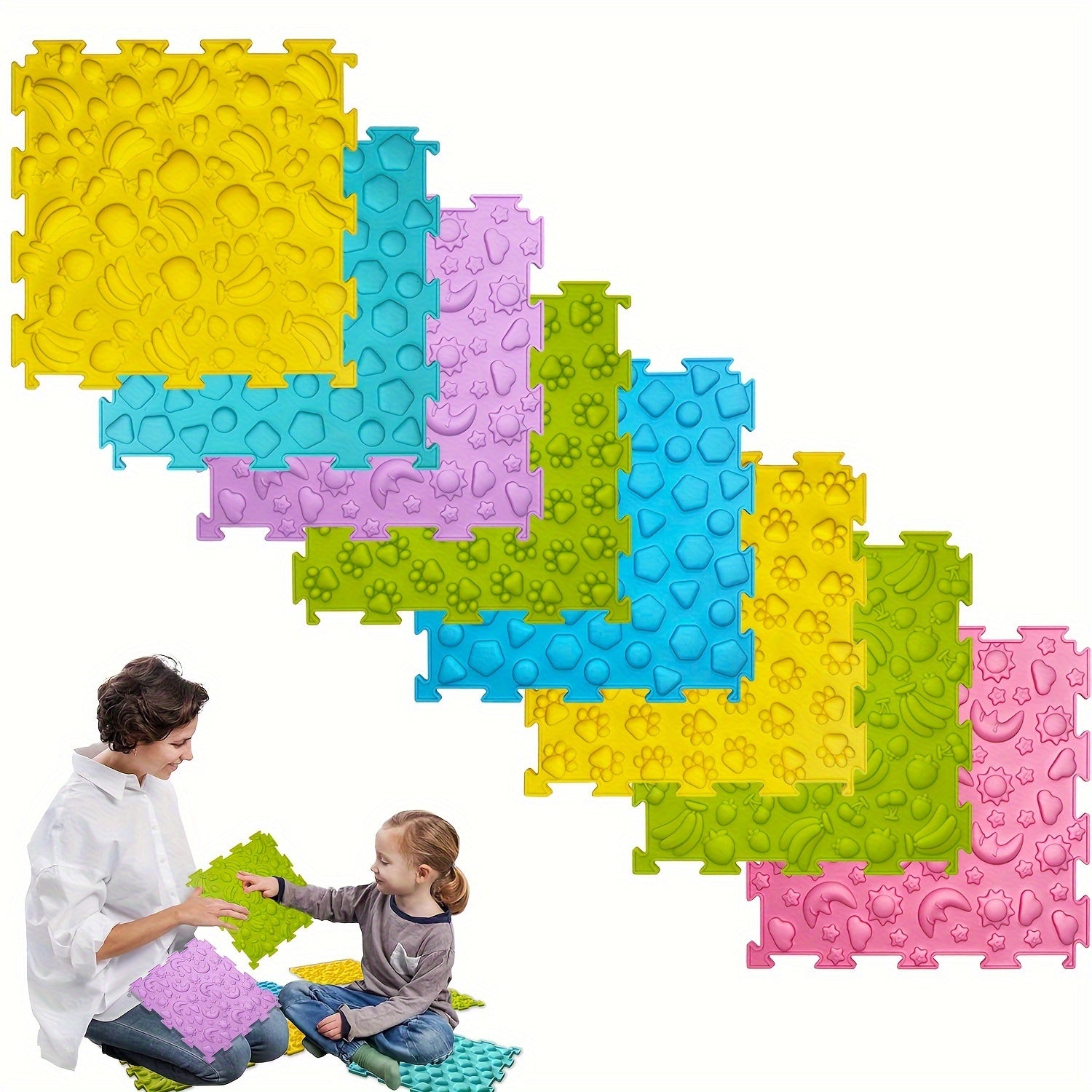 Sensory Tiles Puzzle Floor Mat - Bolalar Sensory xonasi uchun 8 dona to'plam, Tekstural gilam, Avtotransport massaj matosi, Avtizm uchun - Sensory ehtiyojlari bo'lgan bolalar uchun silikon massaj matosi