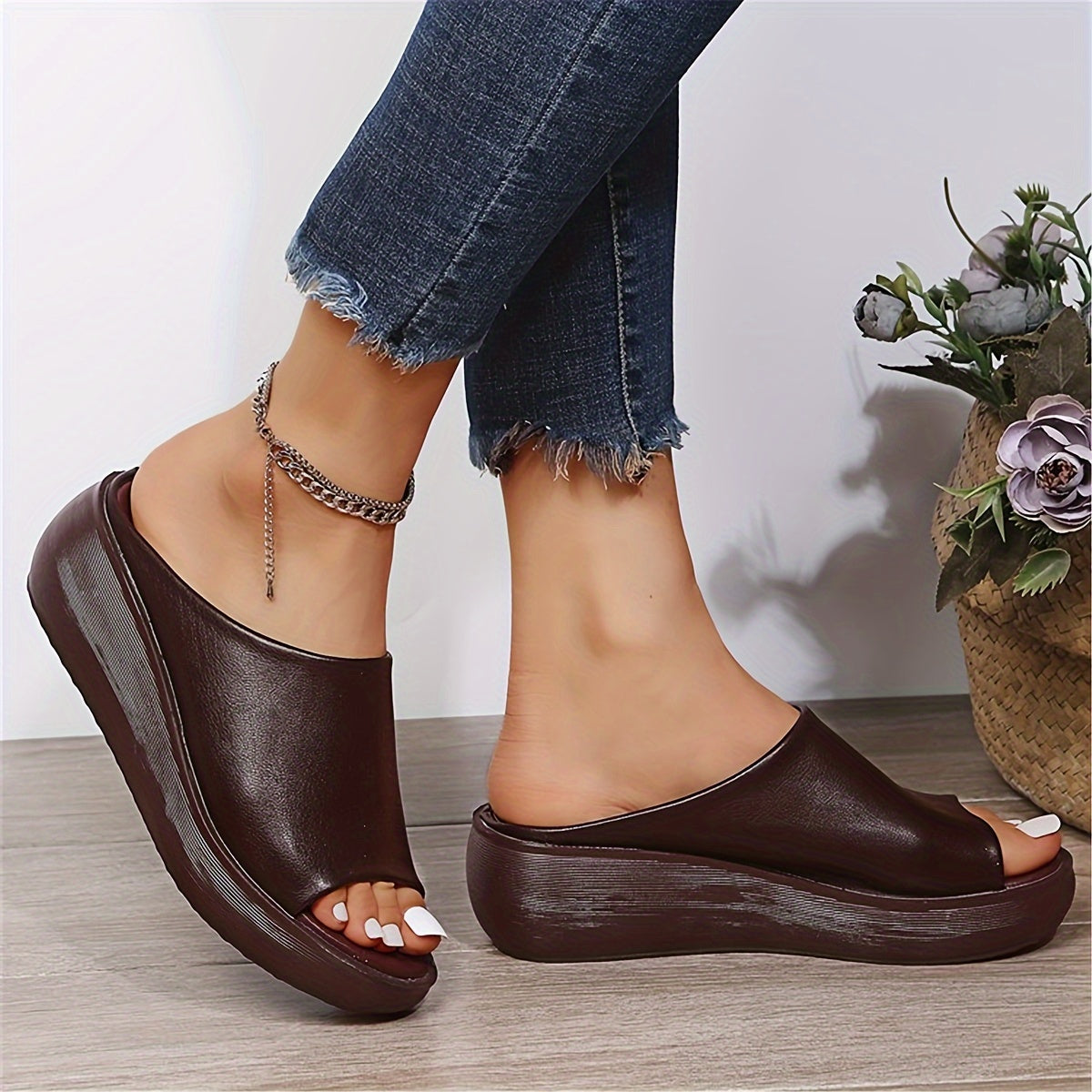 Women's Brown Pointed Toe Slide Sandals with Thick Heel for Summer