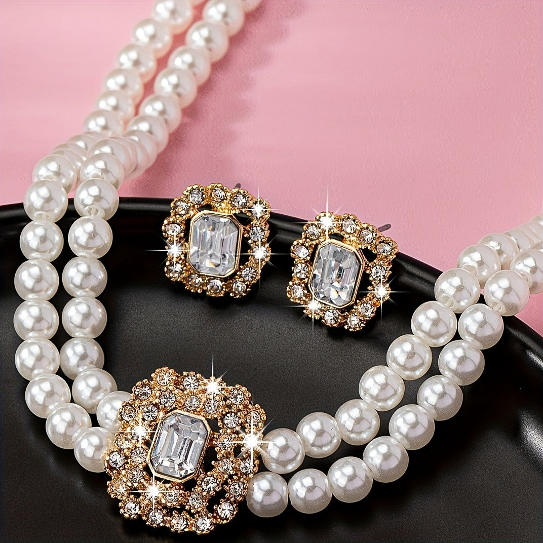 Women's Elegant Double Row Square Necklace and Earring Set Silver Tone