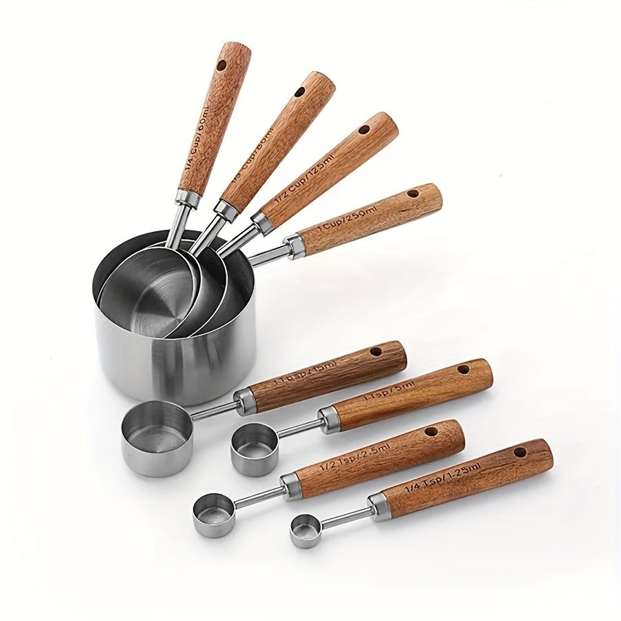 Set of 4 Stainless Steel Measuring Cups and Spoons with Wooden Handles