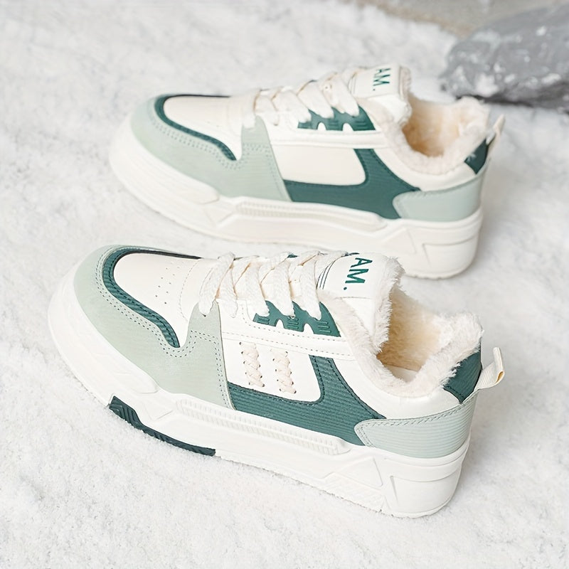 Женские кроссовки с цветными блоками, пушистые, на шнуровке, платформа, теплые зимние скейт-туфли