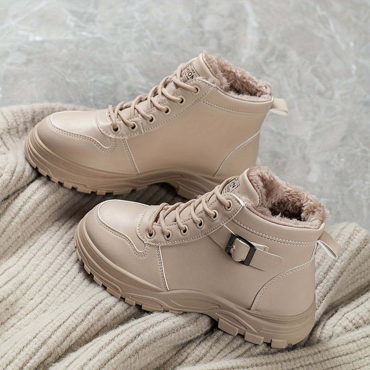 Women's Winter Ankle Boots with Plush Lining Black and Beige Two-Tone