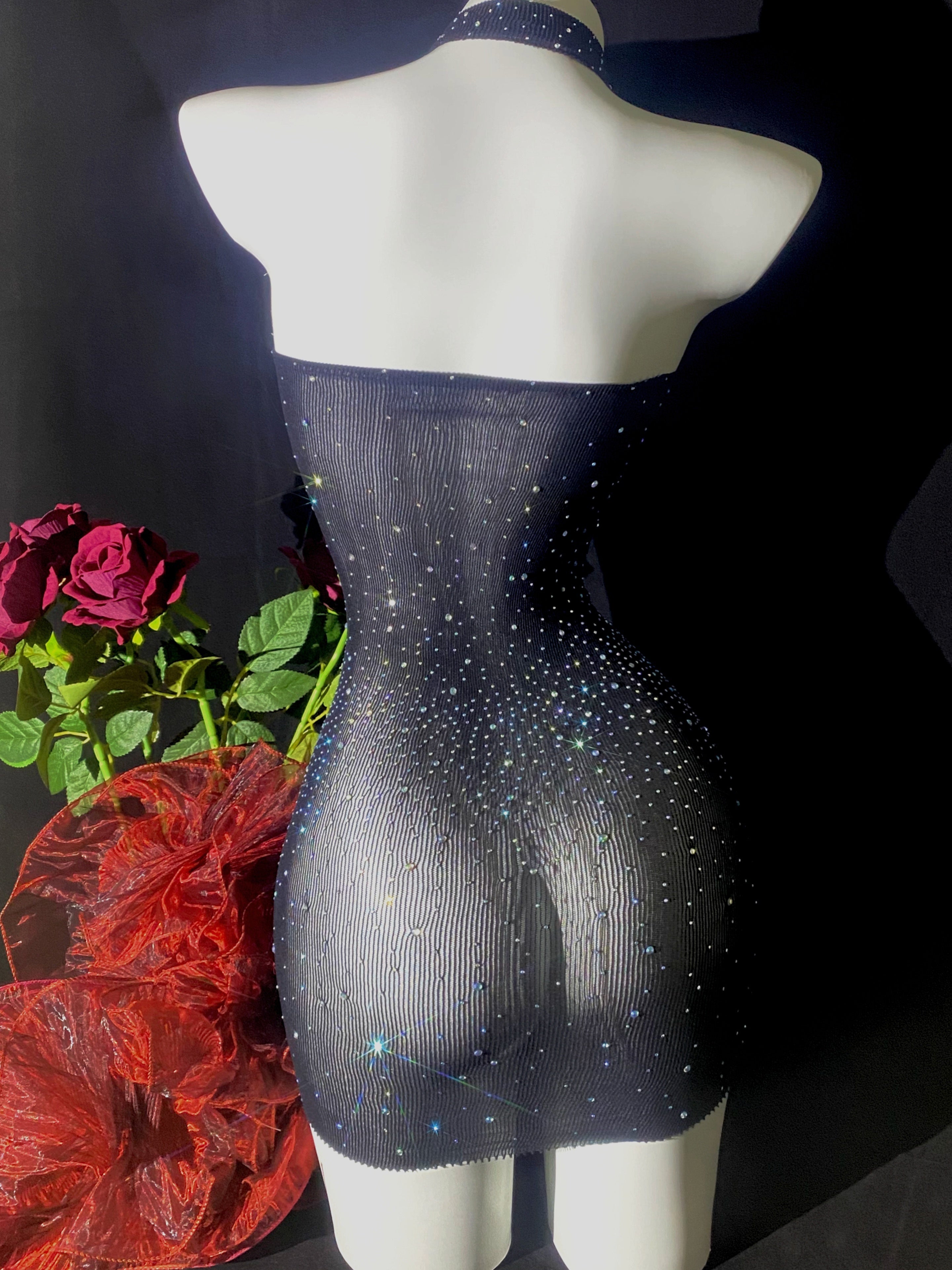 Women Sheer Mesh Rhinestone Bodycon Dress Sleeveless Black Cue