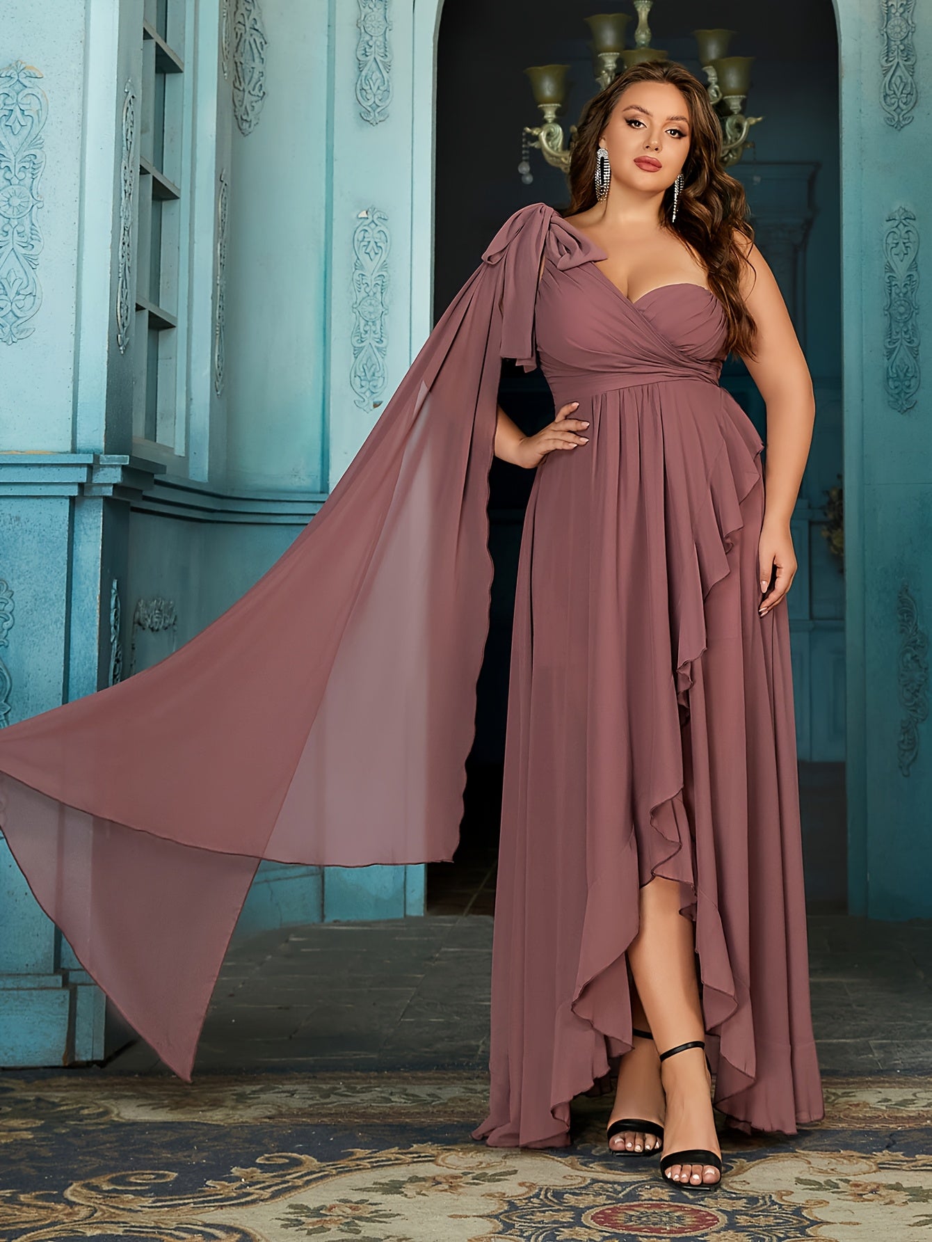 Women Elegant One-Shoulder Ruffle Hem Gown Polyester Cape Sleeve Wedding Dress