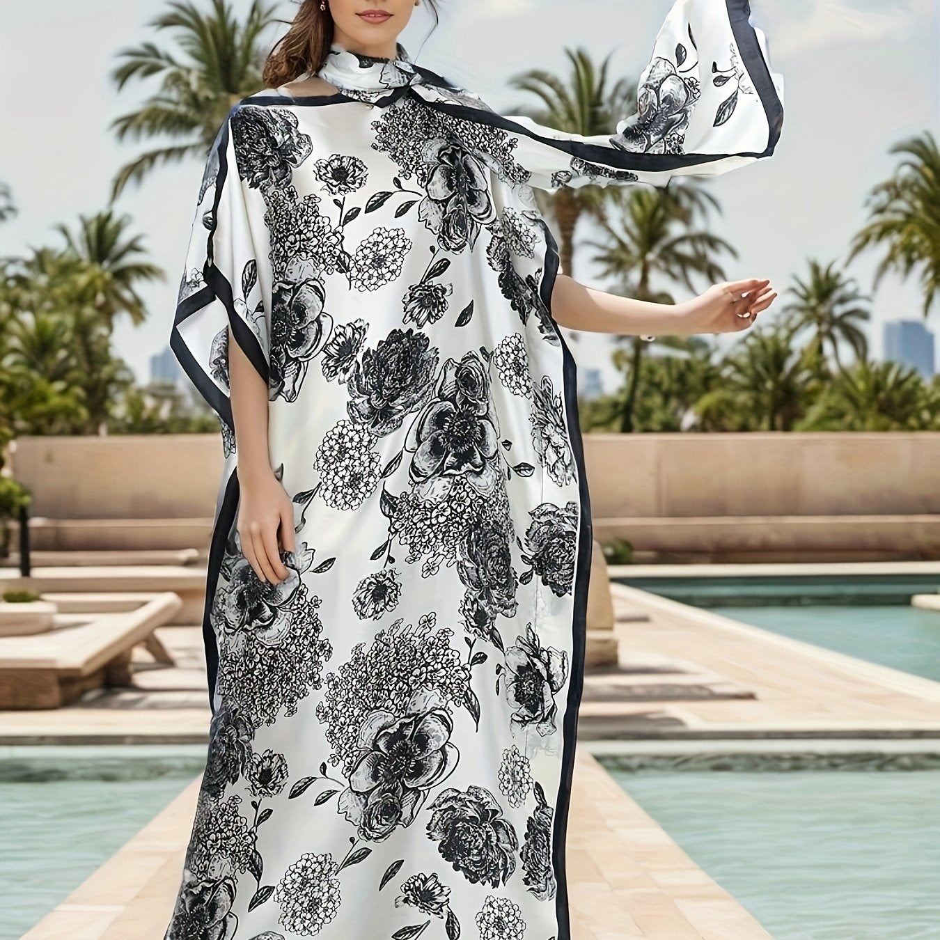 Vestido maxi floral para mujer con bufanda de poliéster transpirable y mangas batwing