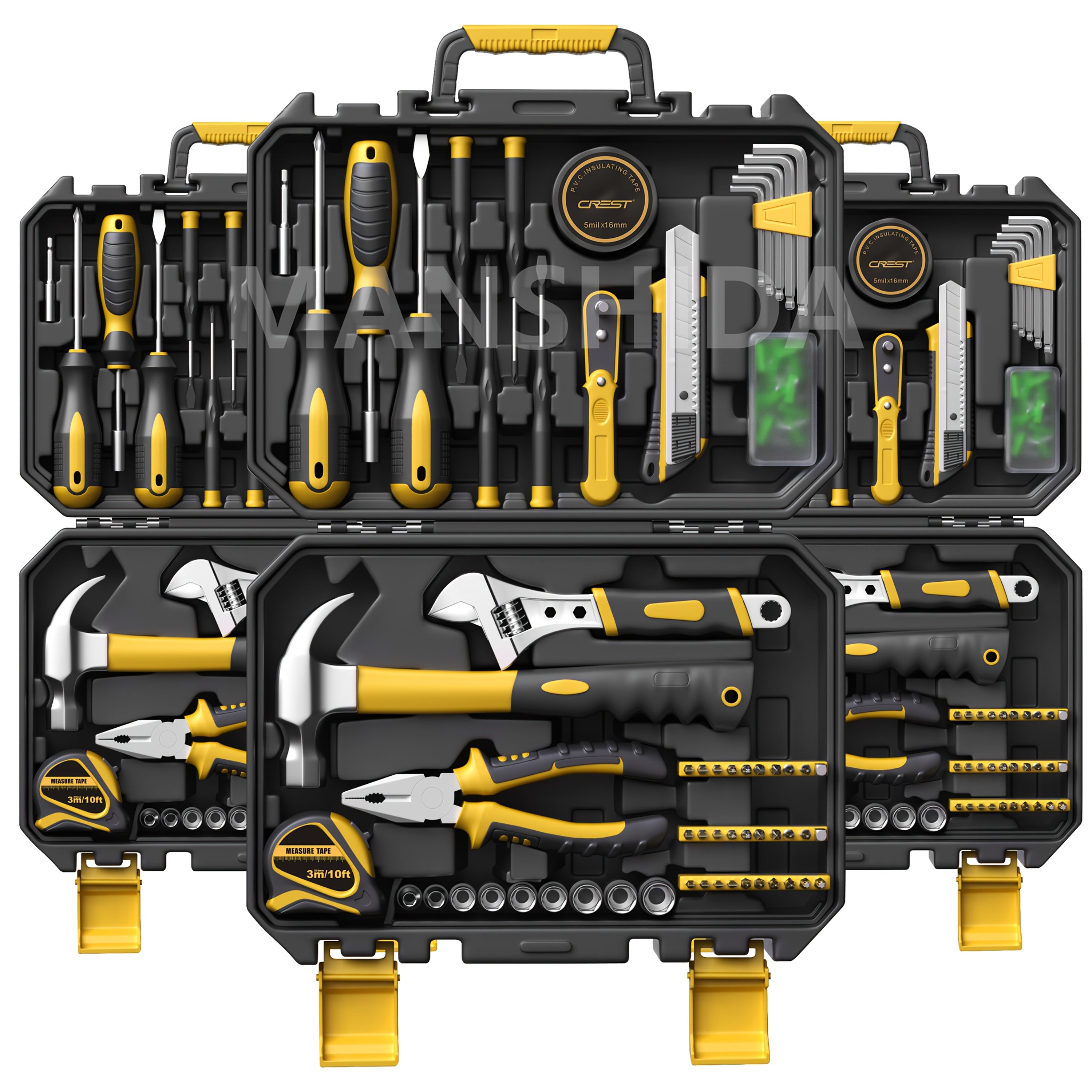 25/26 Piece Household Hand Tool Set with Yellow Plastic Toolbox for DIY and Home Repairs
