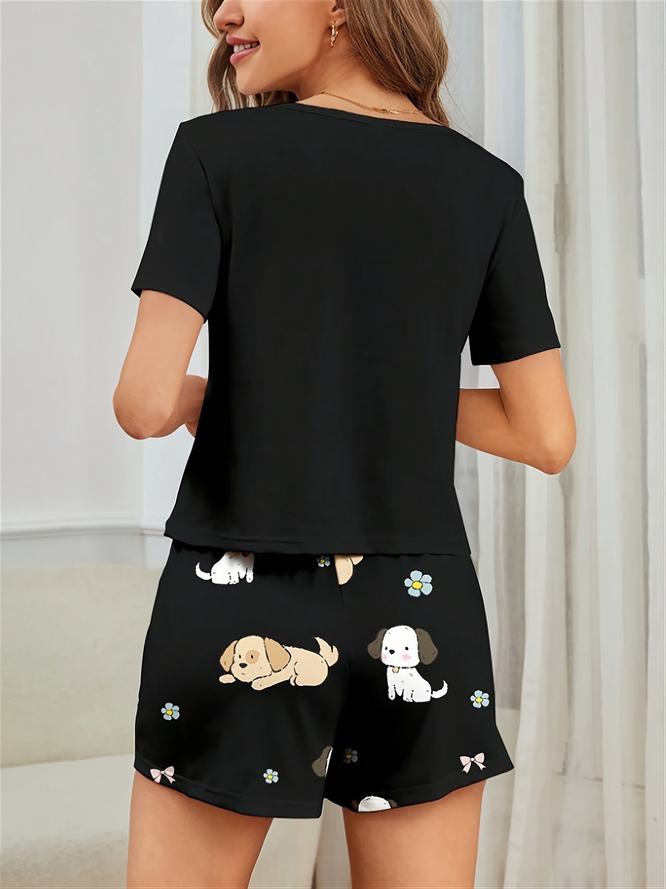Conjunto de pijama para mujer con camiseta de manga corta con estampado de cachorros y pantalones cortos para adultos