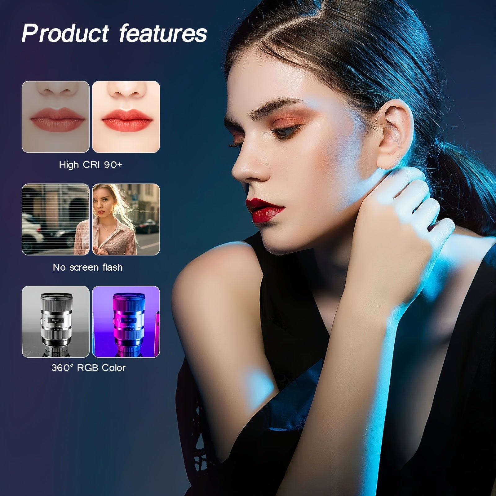 Portativ RGB video yoritgichi yuqori CRI (>95), sozlanadigan rang harorati (2500-9000K), ichki zaryadlanadigan batareya, tripod stendi, OLED displey va turli xil uchun sozlanadigan rang/yorqinlik.