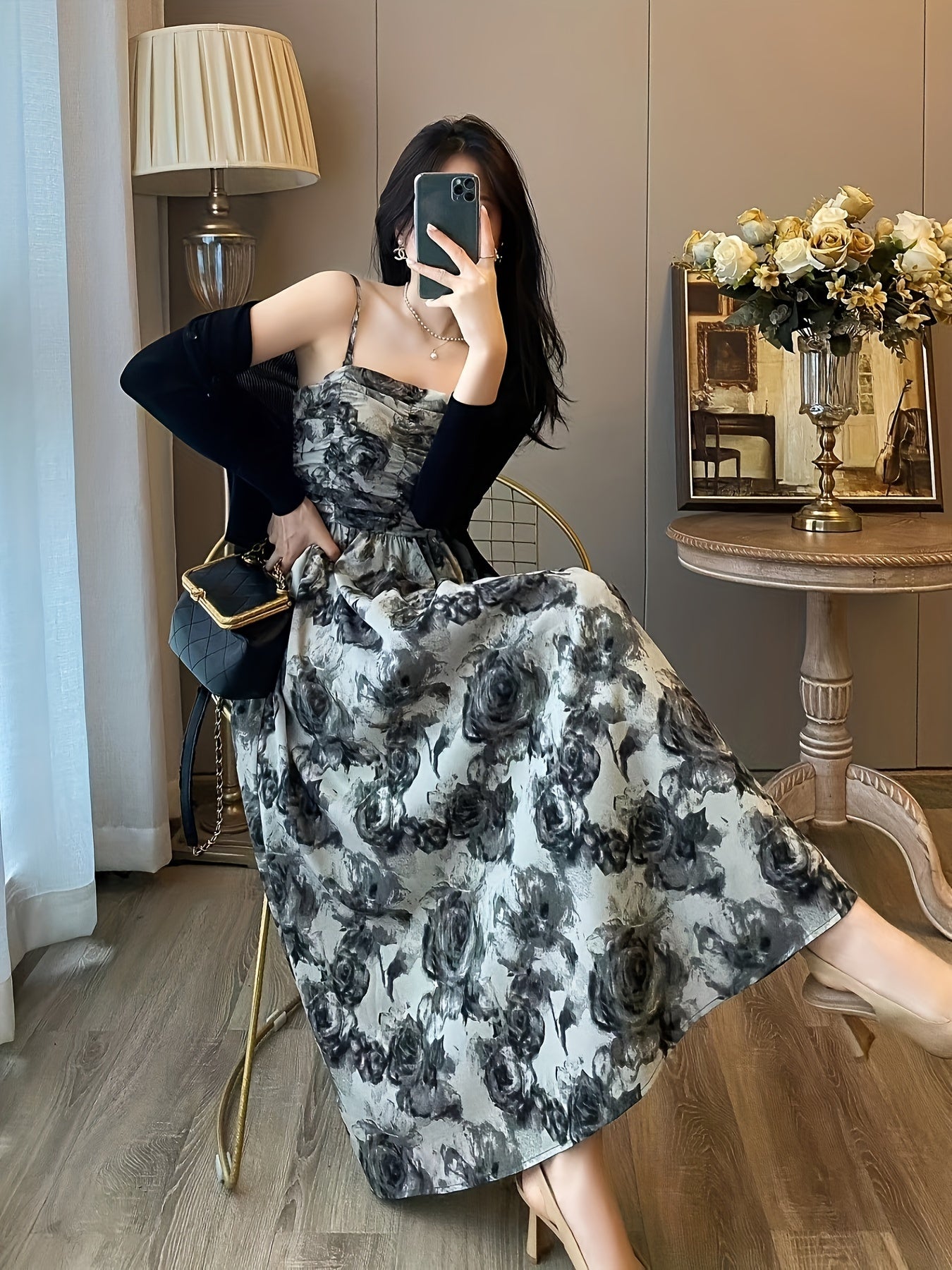 Women's Floral Print Clothing Set with Camisole Dress and Cardigan for Spring Summer