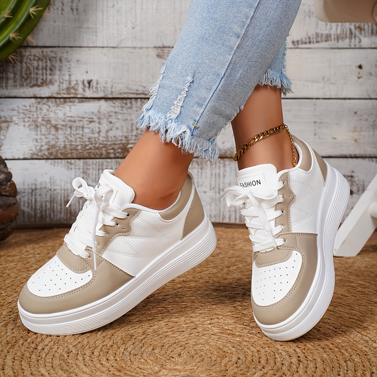 Women’s White Casual Lace-Up Sneakers Flat Shoes with Thick Sole