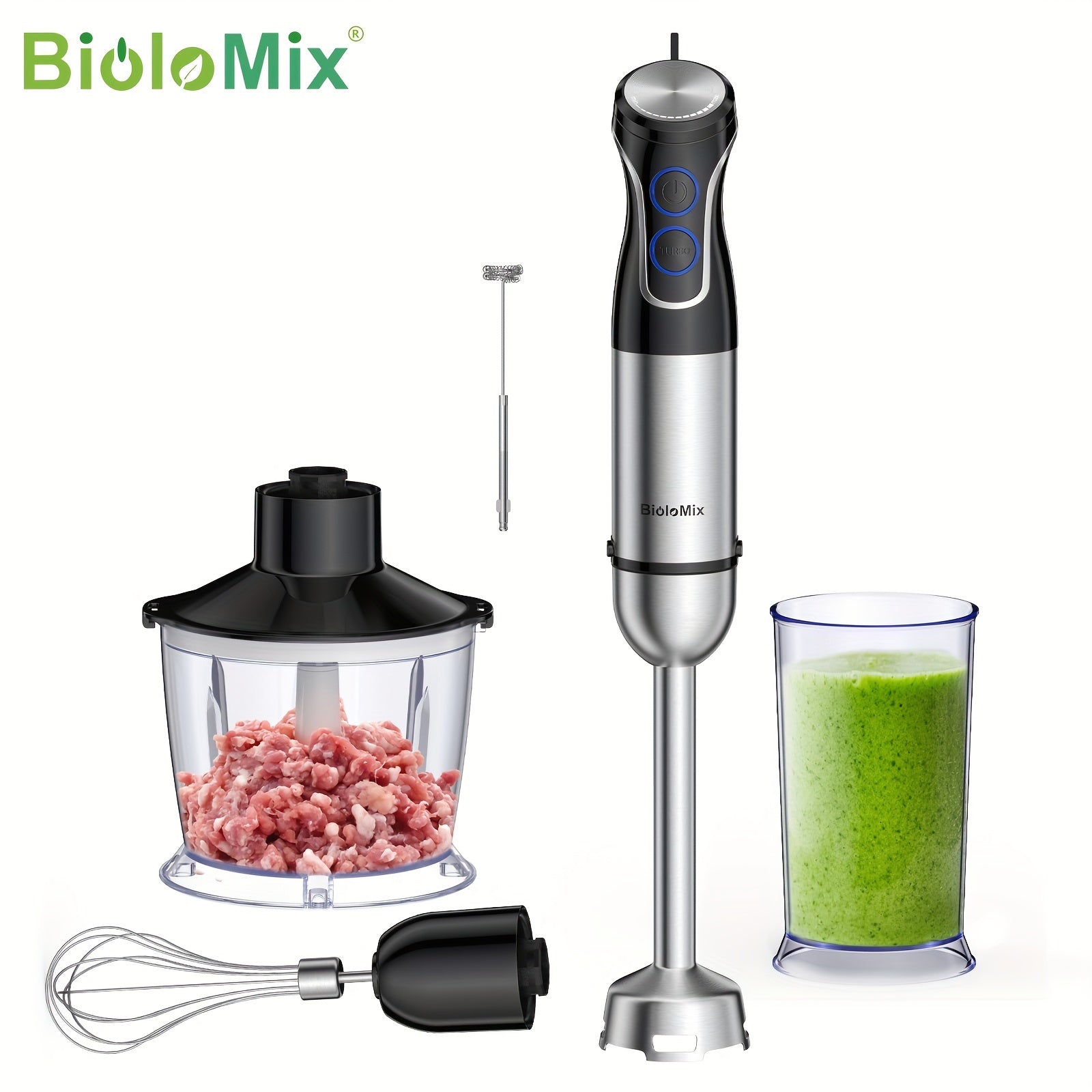 5-in-1 Handheld Immersion Blender 1500W Stainless Steel with Egg Whisk Milk Frother Chopper and Smoothie Cup