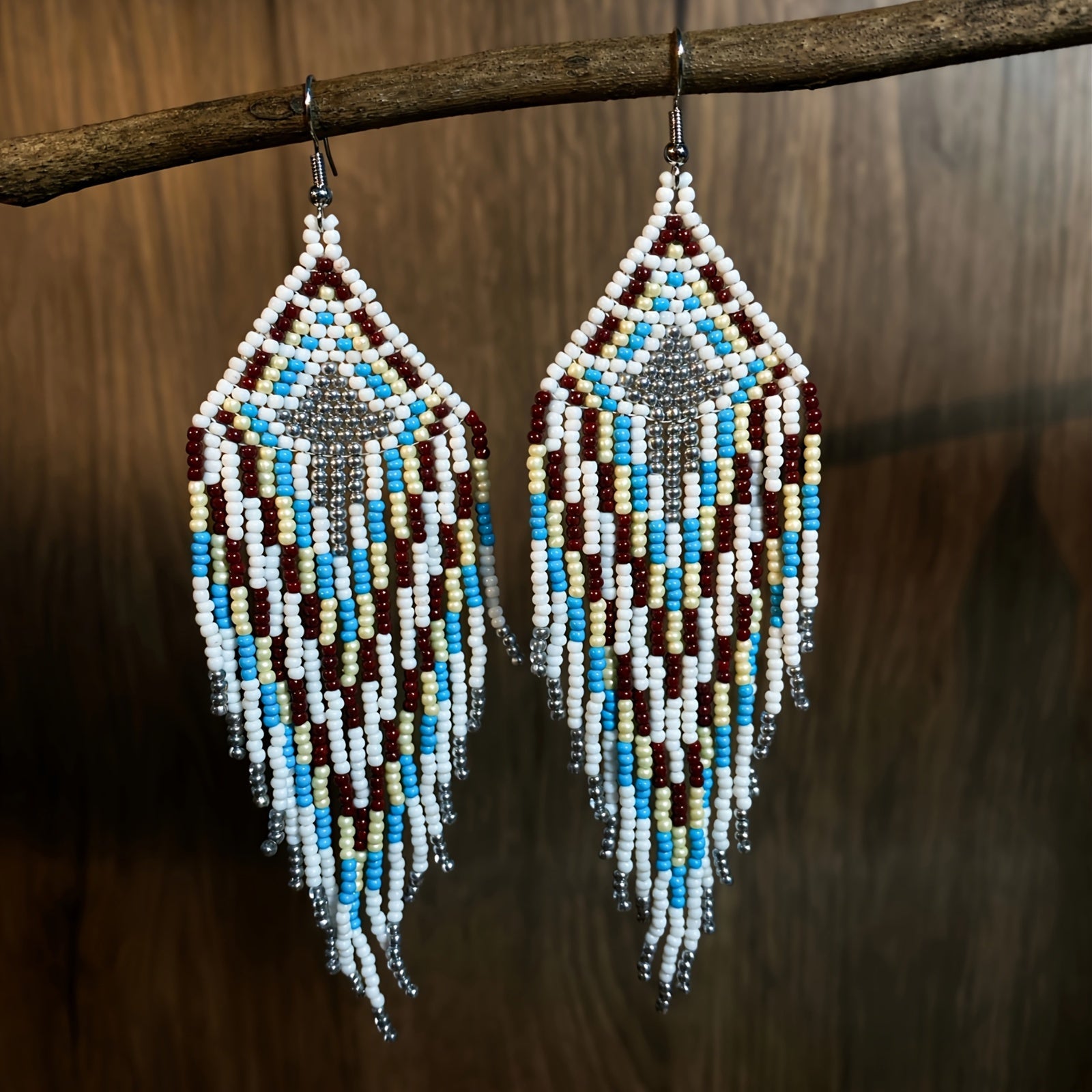 Boho Beaded Earrings with Blue Multi-Color Charm Beads and Tassels for Women