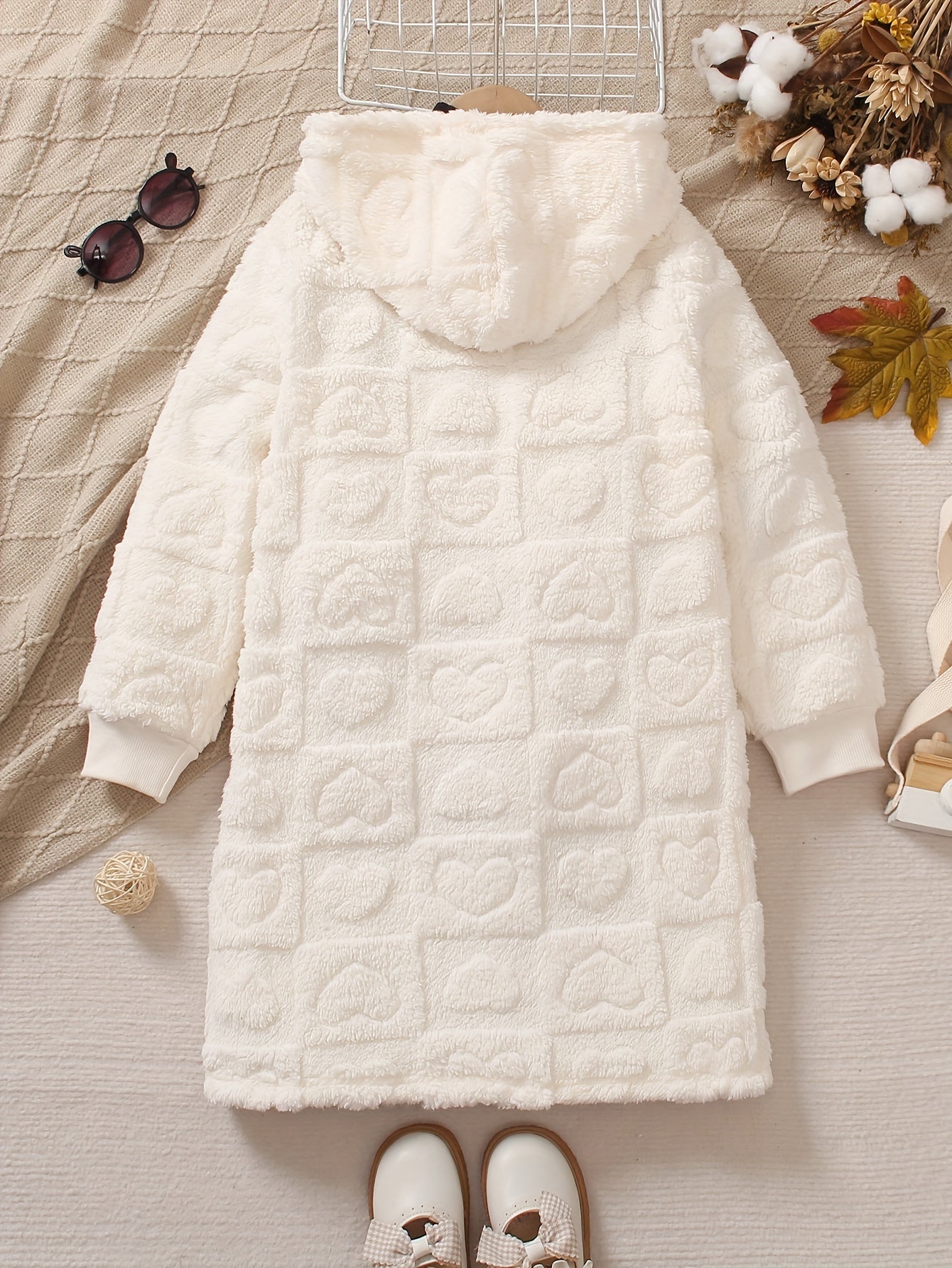 Girls' Fleece-Lined Hooded Jacket Solid Color Knee-Length Fall Winter Casual Regular Size