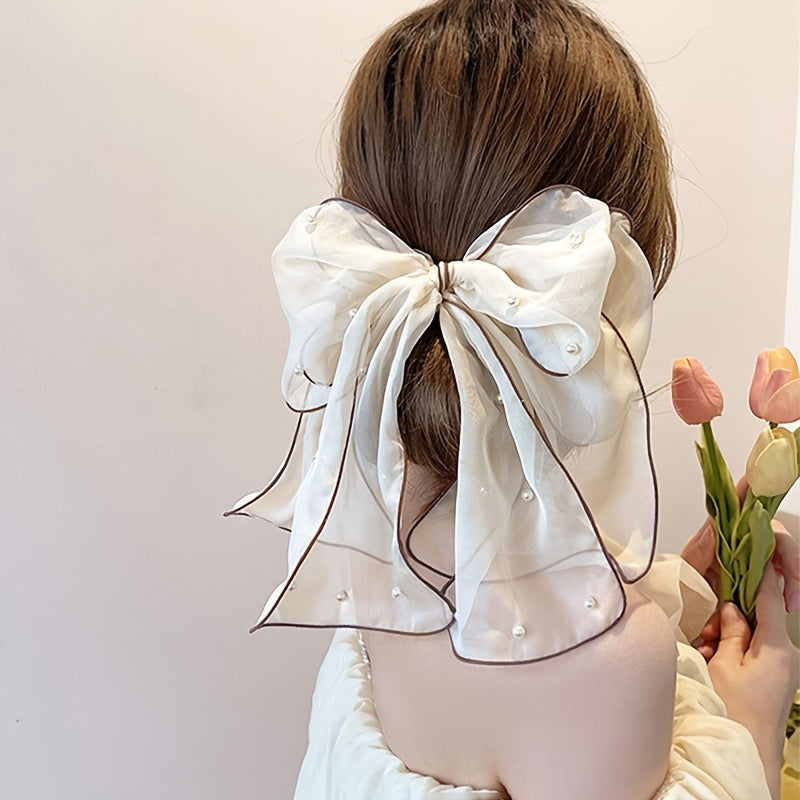 Chiffon Bow Hairpin with Pearl Streamer for Women and Girls