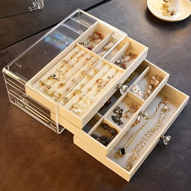 Large Wooden Jewelry Organizer with 3 Layers for Earrings Rings Necklaces and Bracelets