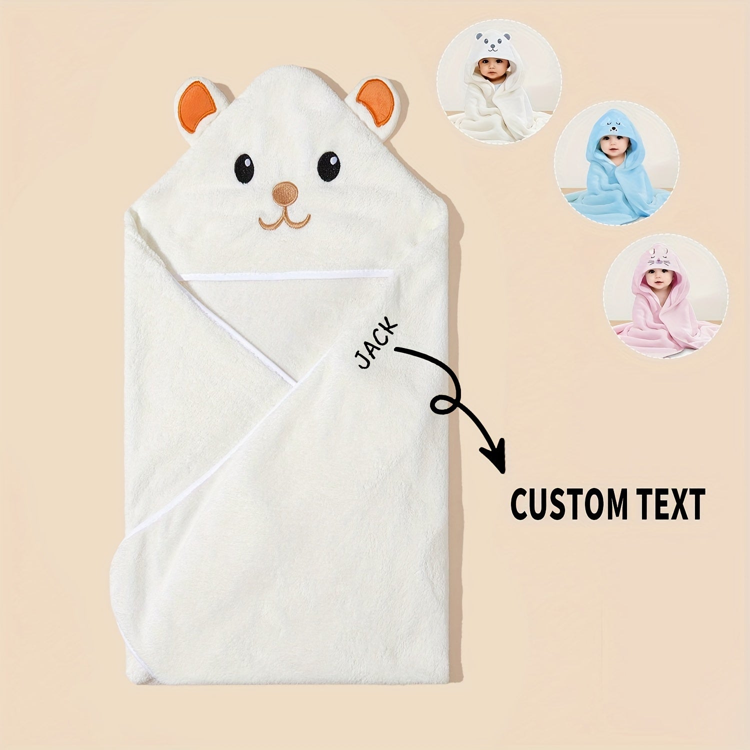 Personalized Hooded Baby Bath Towel with Embroidered Name, Soft Polyester Receiving Blanket