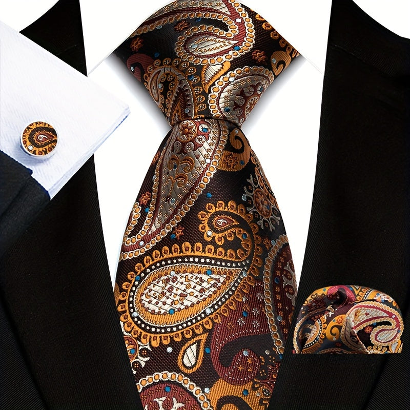 Men's Three-Piece Suit Set with Paisley Tie Pocket Towel and Cufflinks