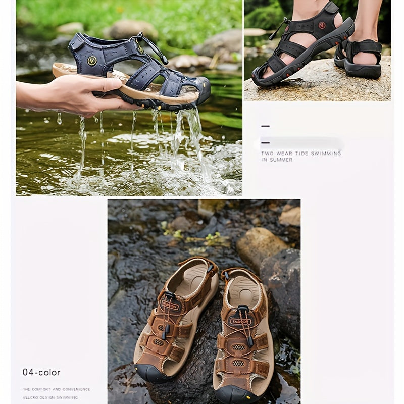 Men's Summer Leather Sandals Breathable Non-Slip Hiking Beach Casual Outdoor Adjustable Laces