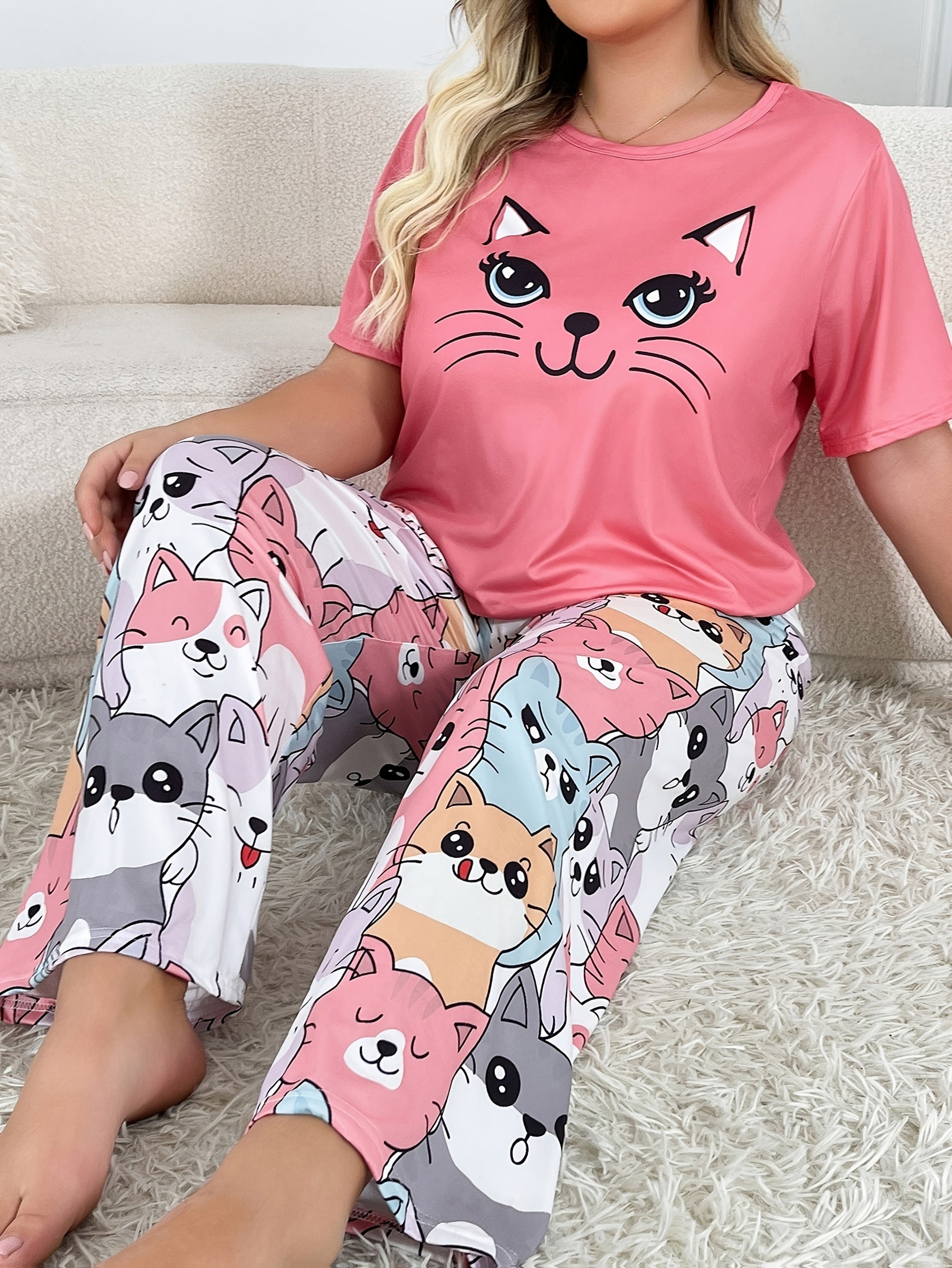 Женский комплект ночной одежды больших размеров с мультяшным принтом животных, короткий рукав, брюки