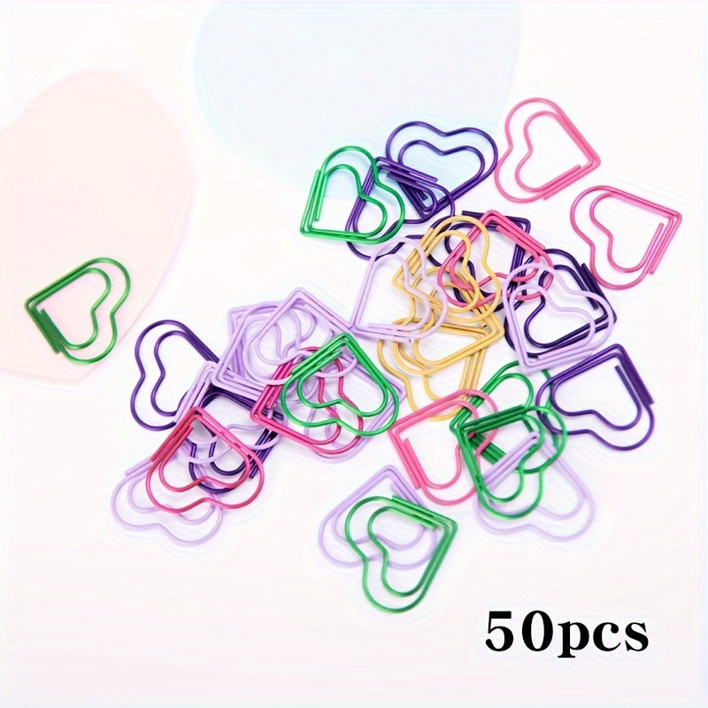 50 Colorful Heart-Shaped Iron Paper Clips for Document Organization