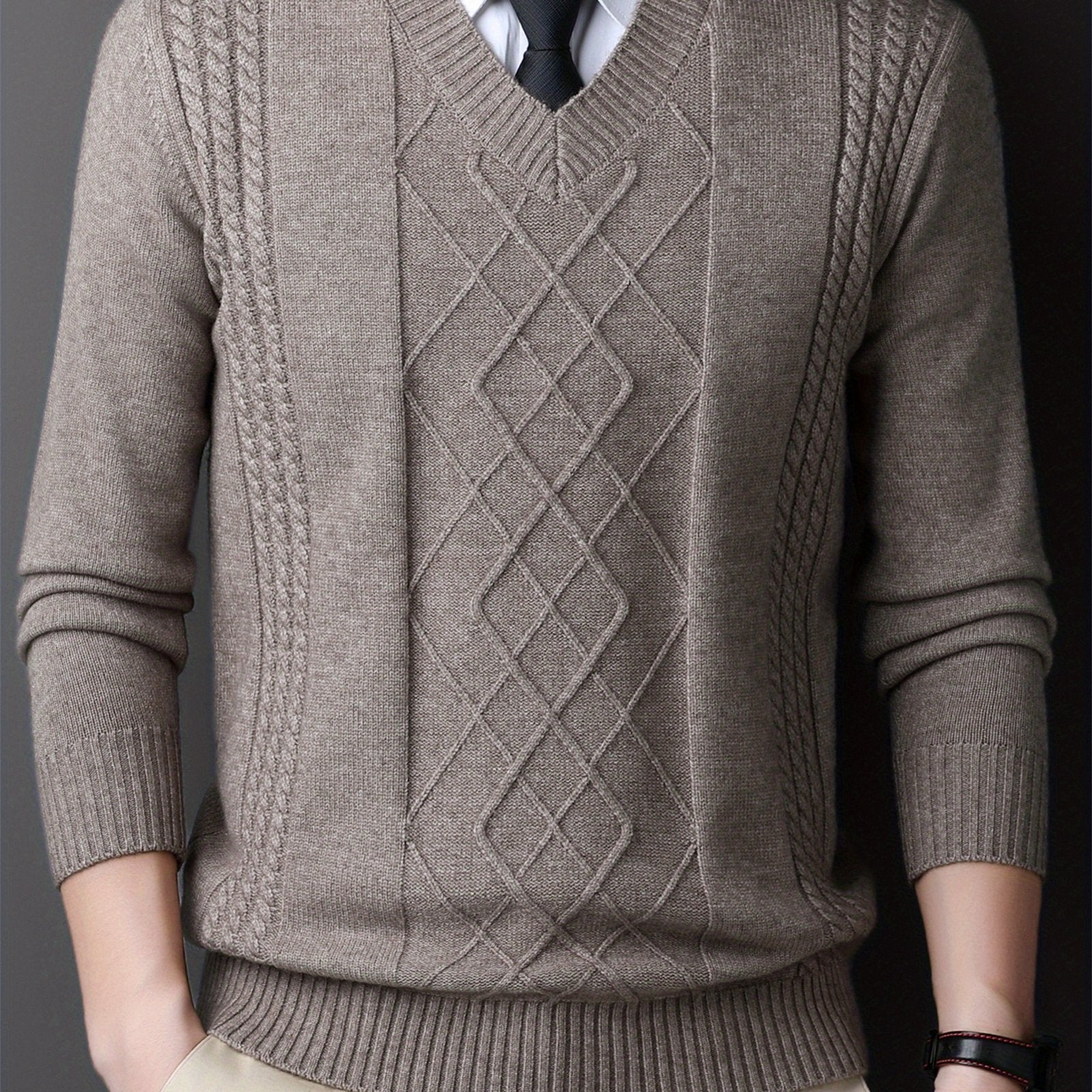 Men's Red V-Neck Sweater with Diamond Pattern Knit Long Sleeve Fall Winter Layering