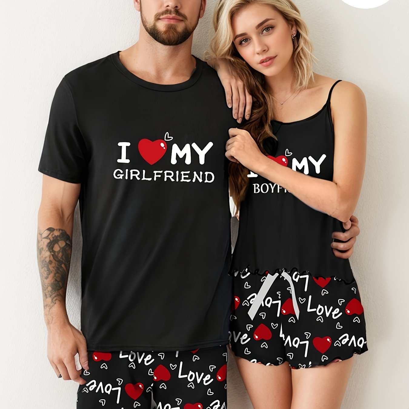 Women's Valentine's Day Black Heart Print Pajama Set with T-Shirt and Shorts Polyester Blend