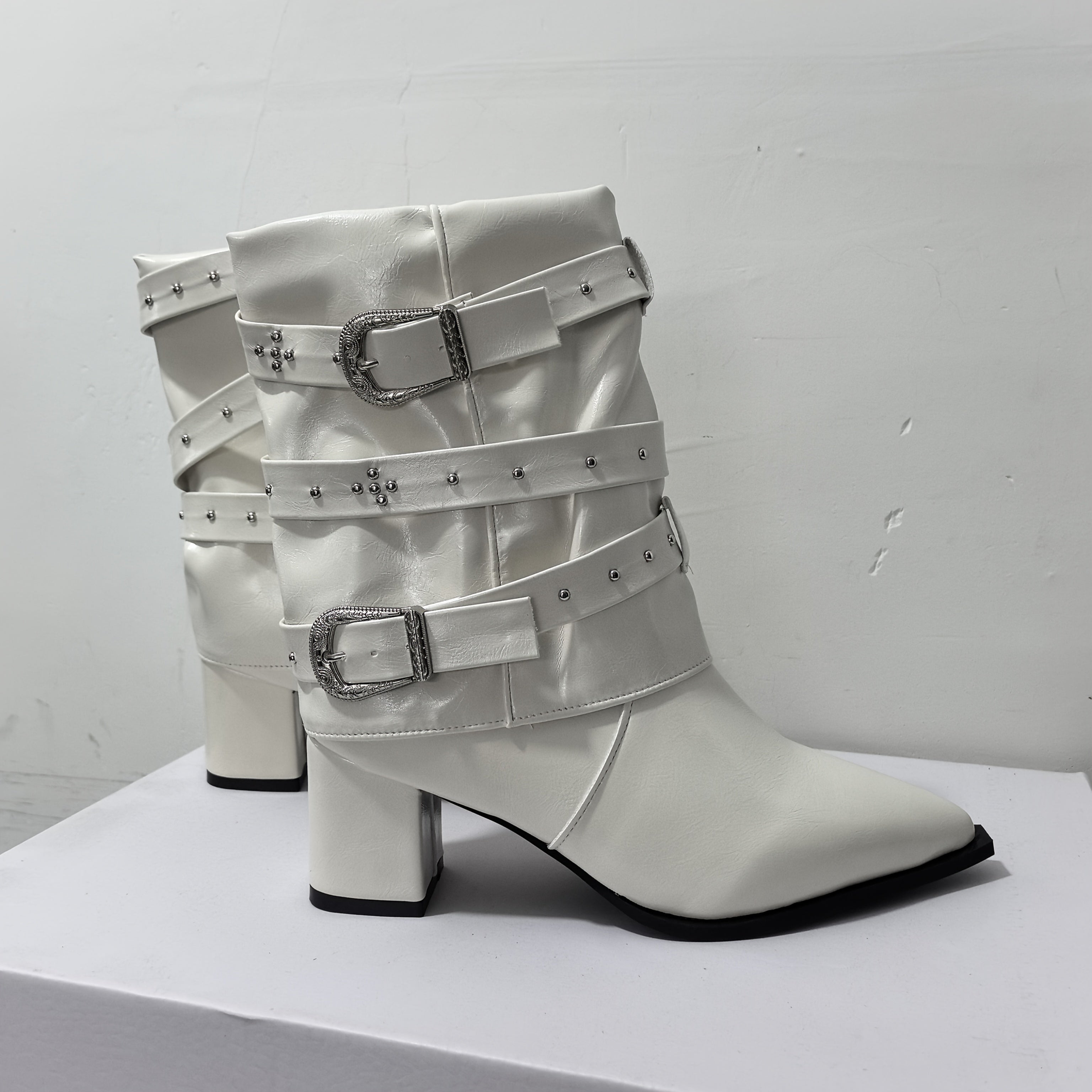 Women's Ankle Boots Mid-Heel Leather Slip-On Pointed Toe White Durable