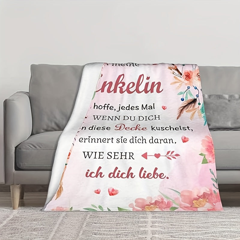 Flannel Floral Blanket with German Letter Print for Gifting and Multi-Purpose Use