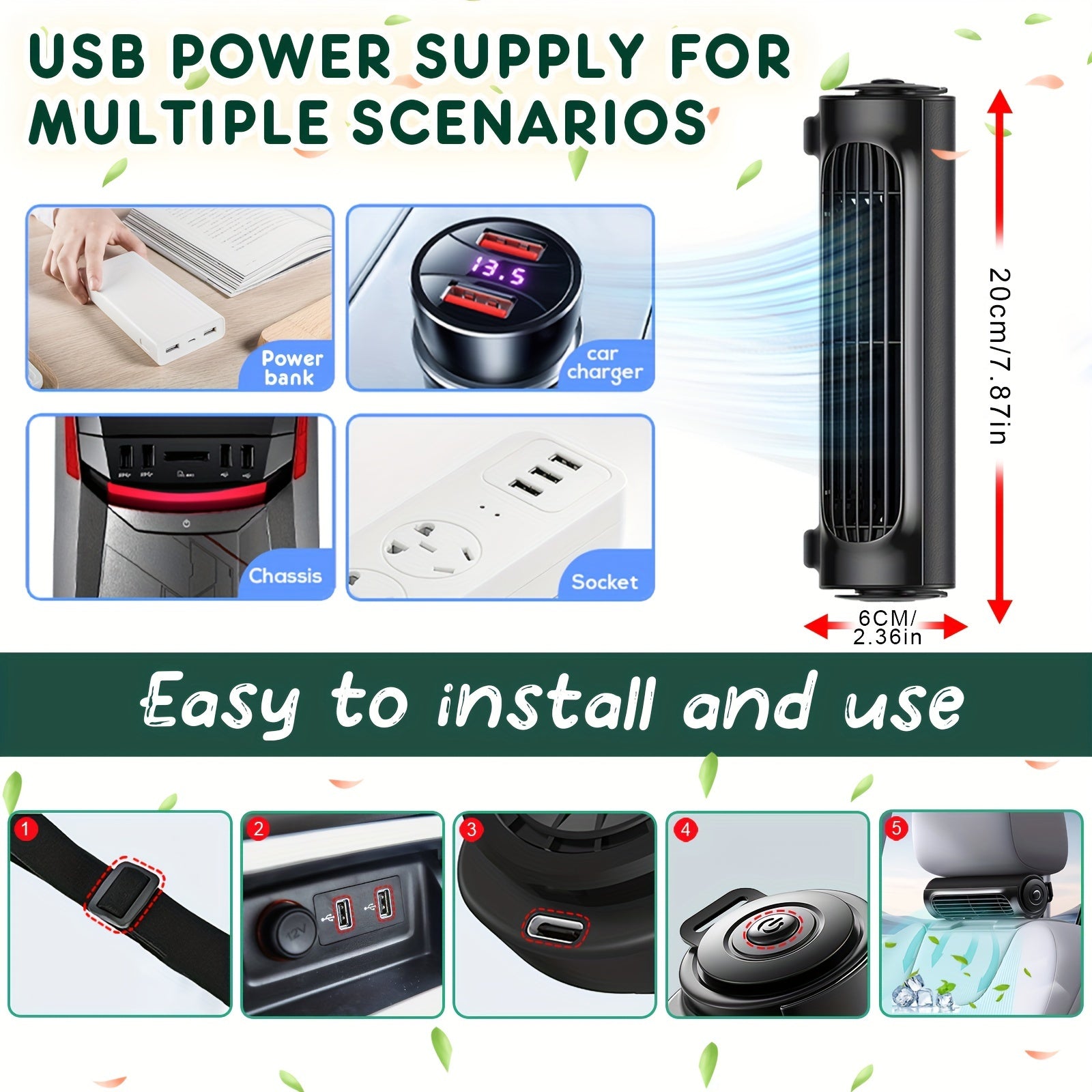 Car USB Fan with Strong Wind Wide Mouth 3 Speed Backrest Cooling Fan for Car Truck SUV
