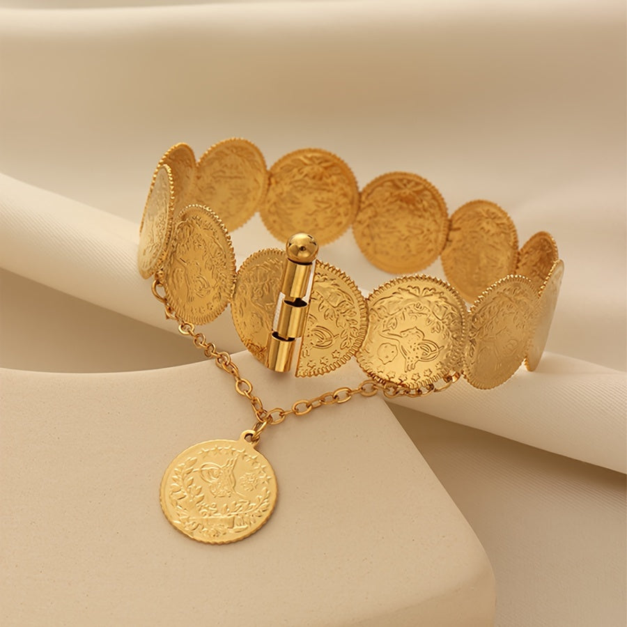 Gold Plated Bangle Bracelet with Coin Detail Vintage Style Copper Alloy for Women