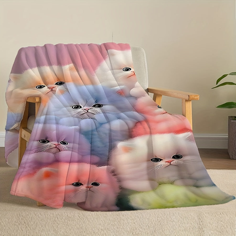 Geometric Patterned Flannel Throw Blanket with Cat Design Machine Washable Stain-Resistant All-Season Soft