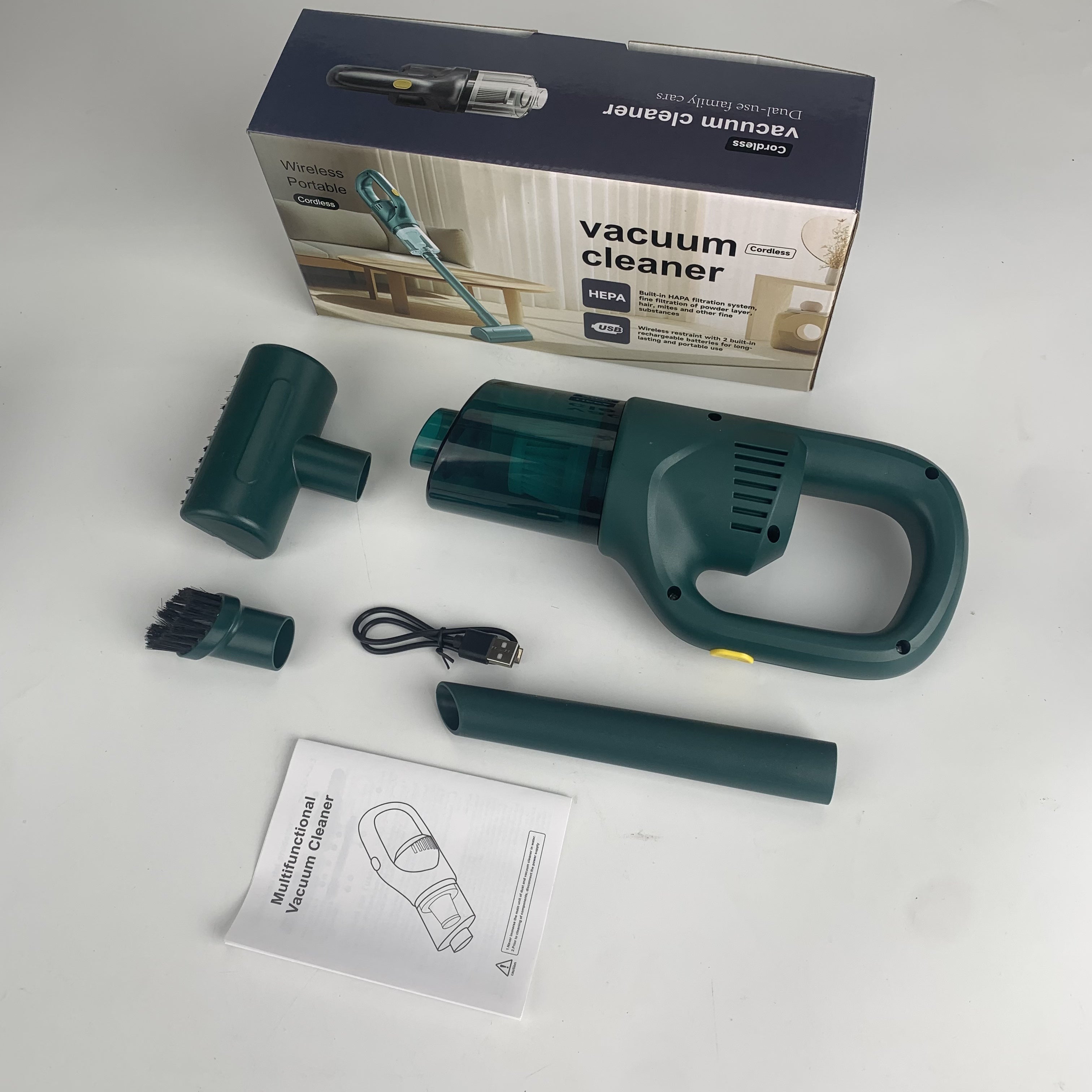 DYFDYF qo'l bilan ishlatiladigan simsiz vakuum tozalagich avtomobil va uy uchun ikki xil foydalanish imkoniyatiga ega, USB orqali zaryadlanadigan 18650 litiy batareyasi, kuchli 2.9 KPa so'rish kuchi, past 70dB shovqin darajasi va 0.1-0.2L hajmga ega.