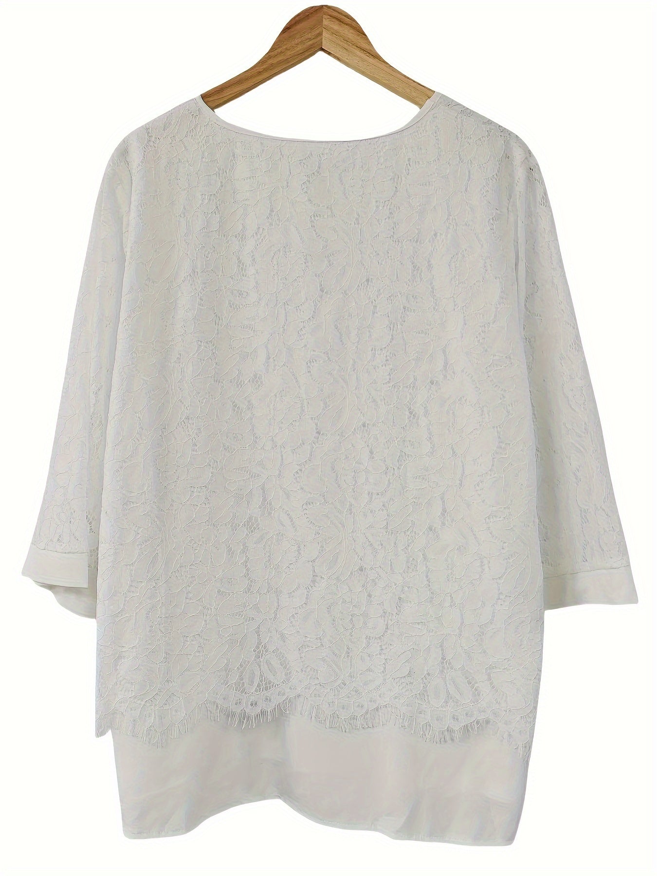 Katta o'lchamdagi ayollar uchun dantel qirralar bilan bezatilgan bluzka, yumaloq bo'yinli polyester ko'ylak, cho'ziluvchan mato va polyester astar, bir rangli