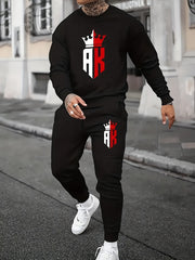 Men's Casual Sports Style Pajama Set with Long Sleeve Crew Neck and Polyester Fabric