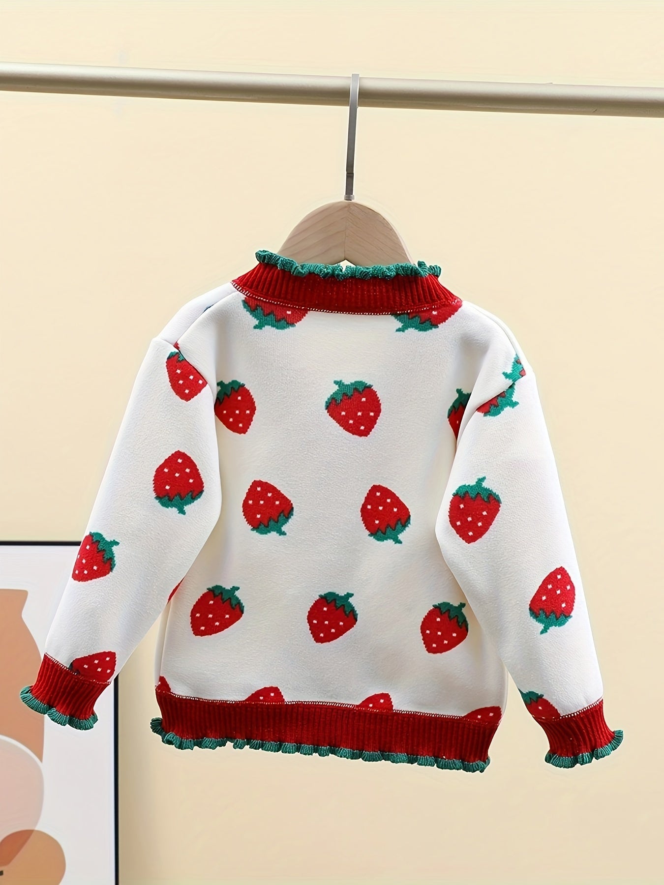 Kids Girls Knitted Cardigan with Strawberry Print Polyester Crew Neck Fall Winter