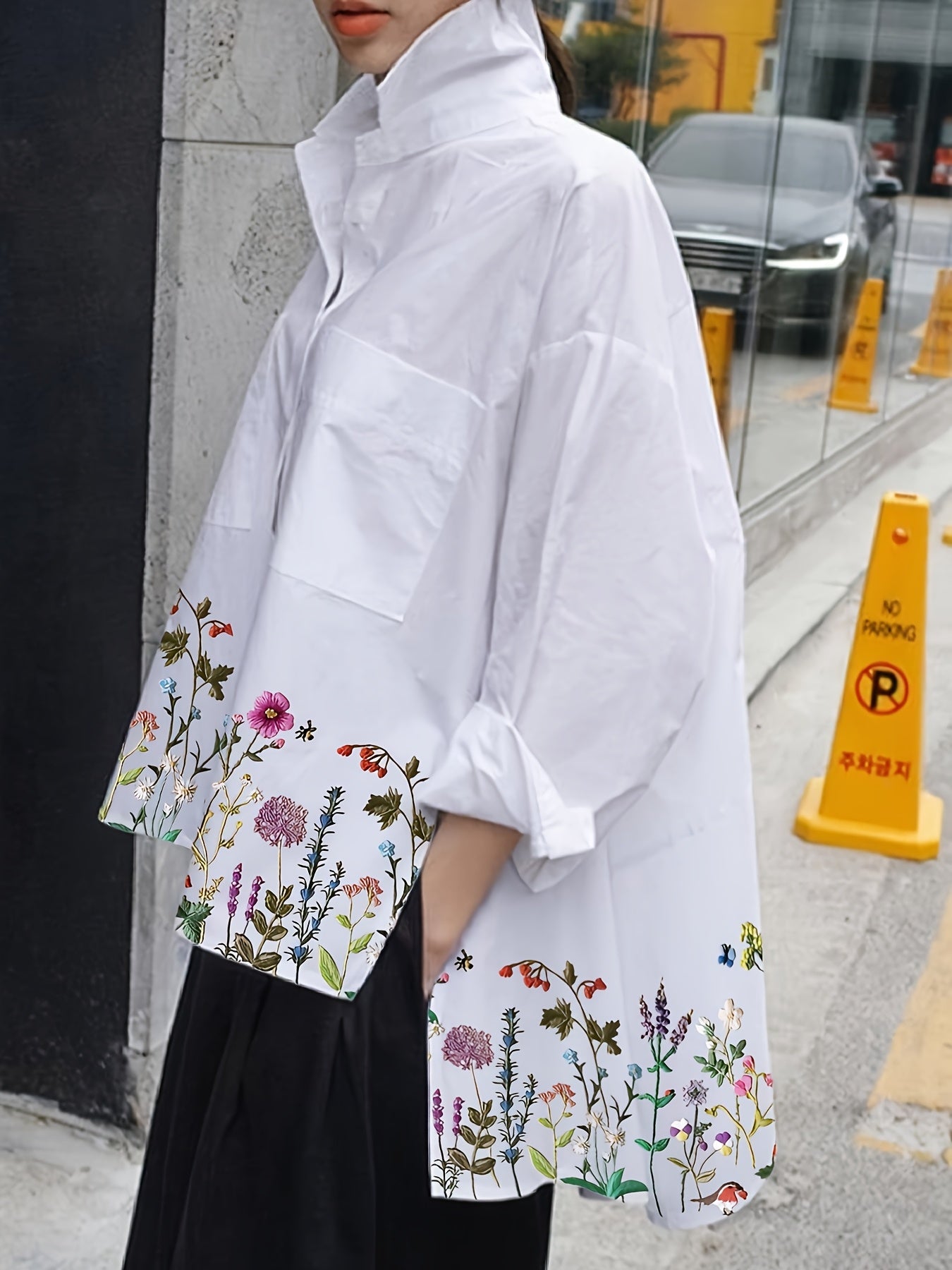 Blusa oversize de estampado floral para mujer, mezcla de poliéster, diseño de parte frontal corta y parte trasera larga