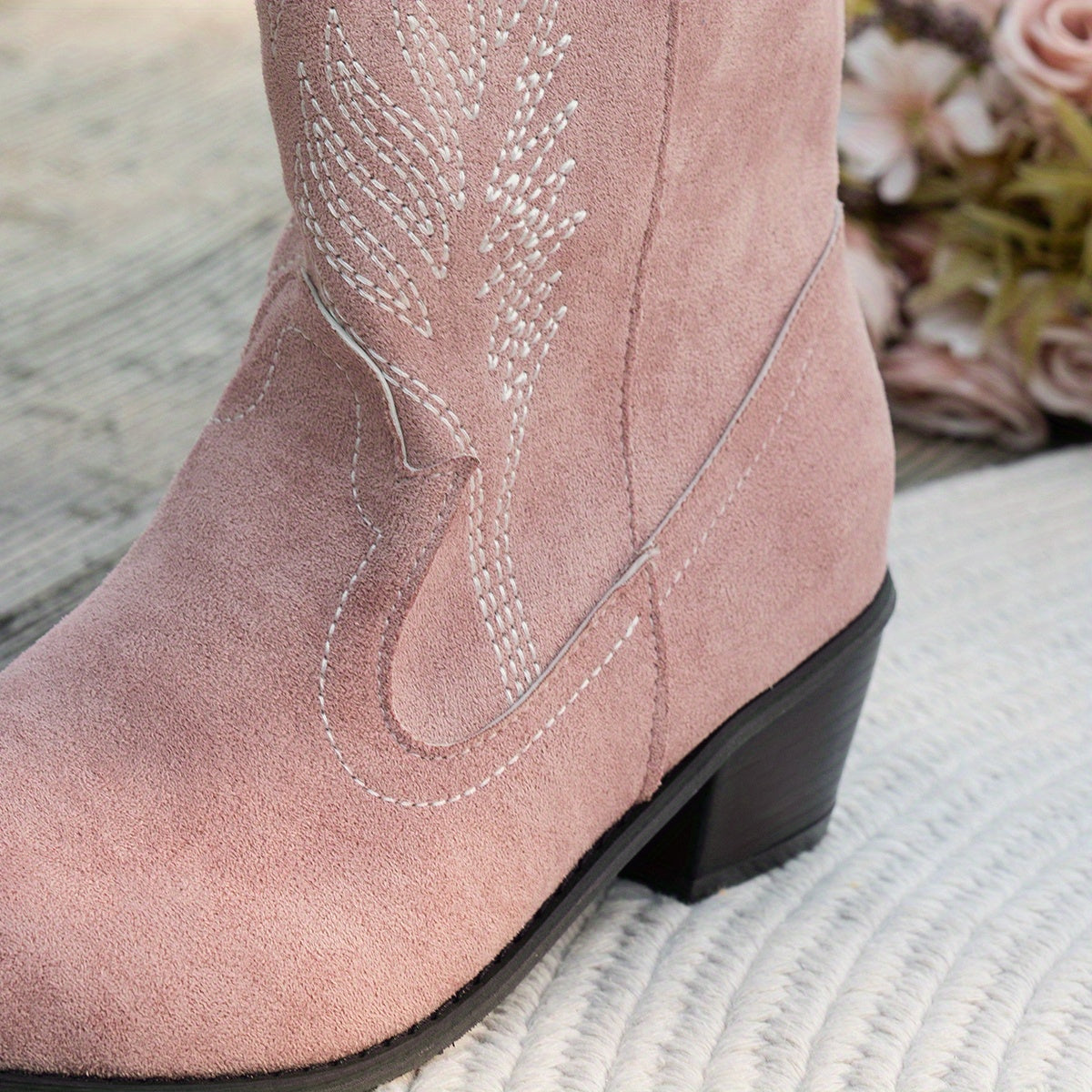 Women's Pink Western Slip-On Boots with Chunky Heel and Non-Slip Sole