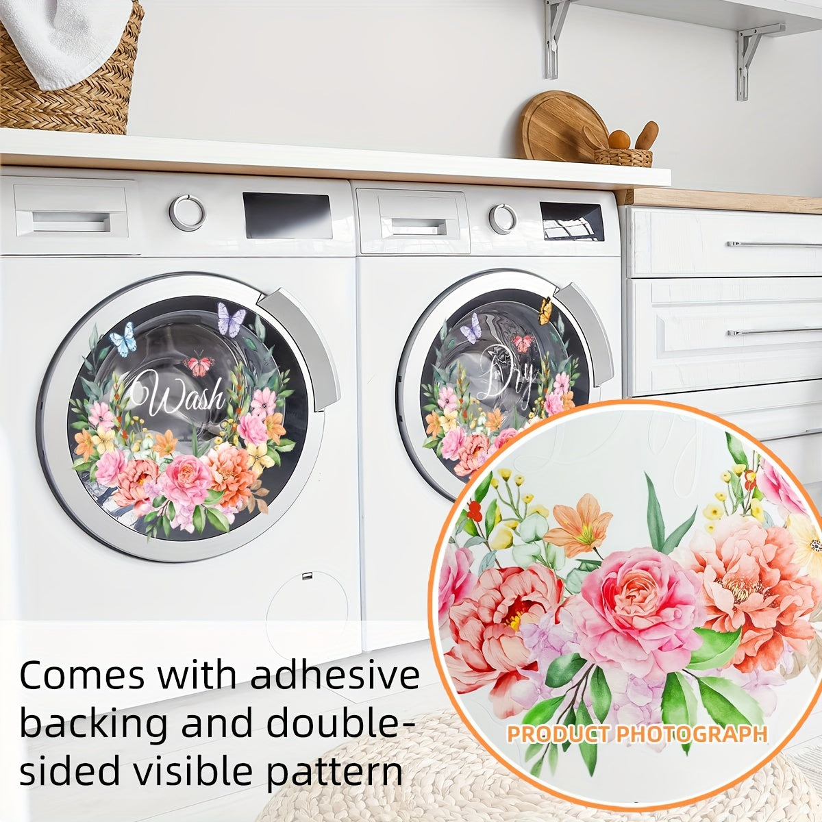 Set of 2 Flower Wash Dry Laundry Room Glass Window Stickers 30x30cm