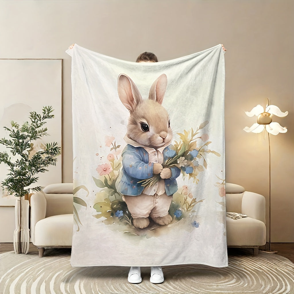 Cartoon Bunny Printed Blanket Soft Knit Polyester Coral Fleece Cozy Warm for Kids and Adults