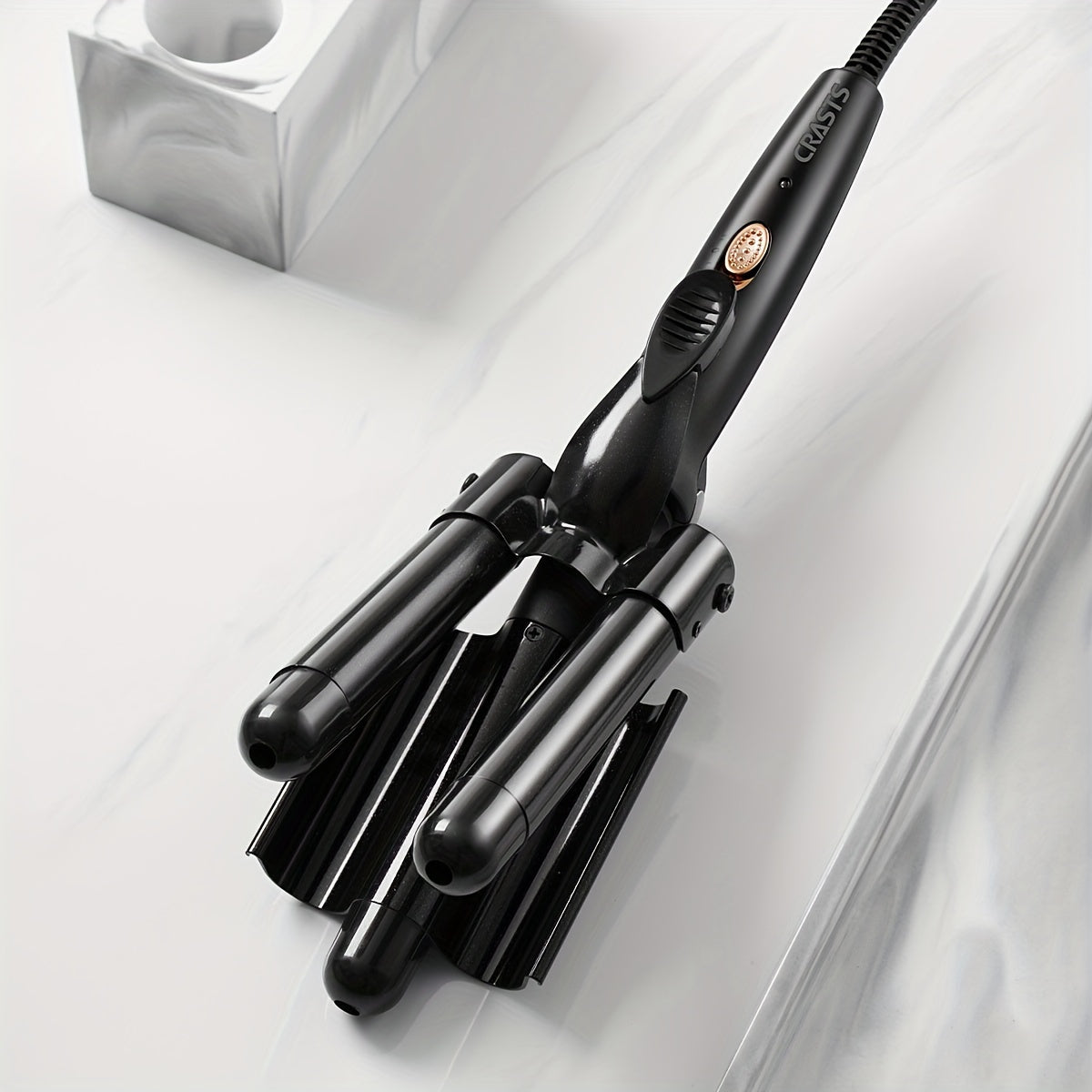 Unisex Electric Curling Iron 25mm Three-Barrel Water Wave Texture Temperature Control Black