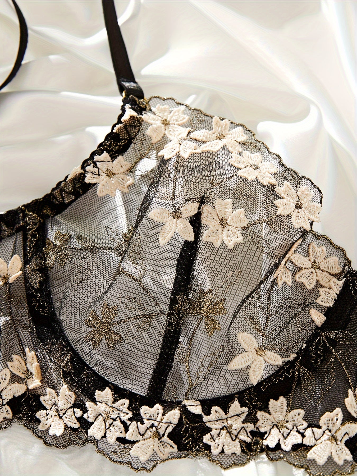 Women's Floral Embroidery Semi Sheer Lingerie Set Bra and Thong